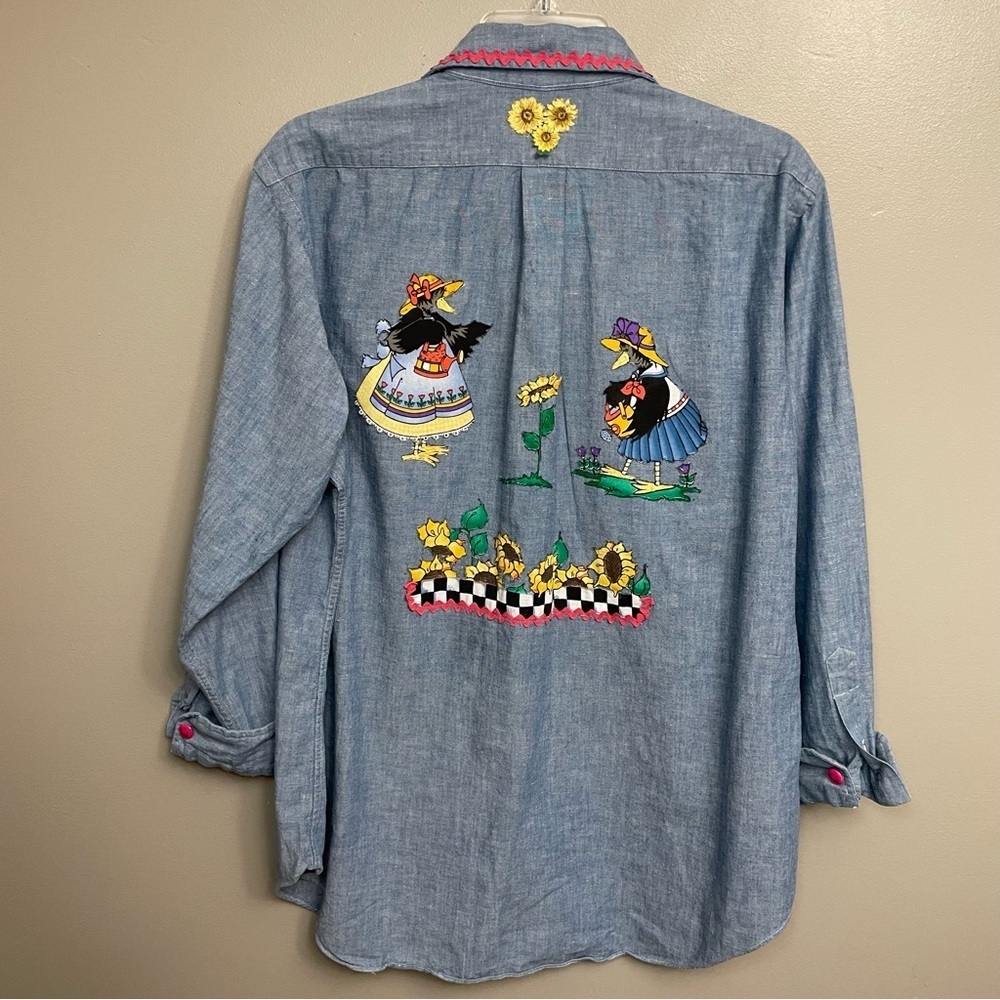 Vintage Upcycled Hand crafted Chambray size 16 1/2 sunflowers cow cottagecore - Picture 6 of 15